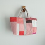 赤系　ランダムパッチ　横長トート　　Mサイズ　♫　リネン　帆布　ボーダー麻　