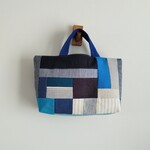 ブルー系　ランダムパッチ　横長トート　　Sサイズ　♫　リネン　帆布　ボーダー麻　