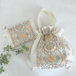 【撥水加工】インド刺繍リボンの巾着バック&ポーチ☆ホワイト☆