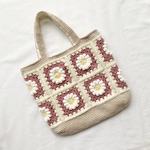 ふんわりお花のトートバッグ　ピンク　アイボリー　グレージュ　ホワイト　内布つき　お花モチーフ　モチーフ編み　編み物　ハンドメイド