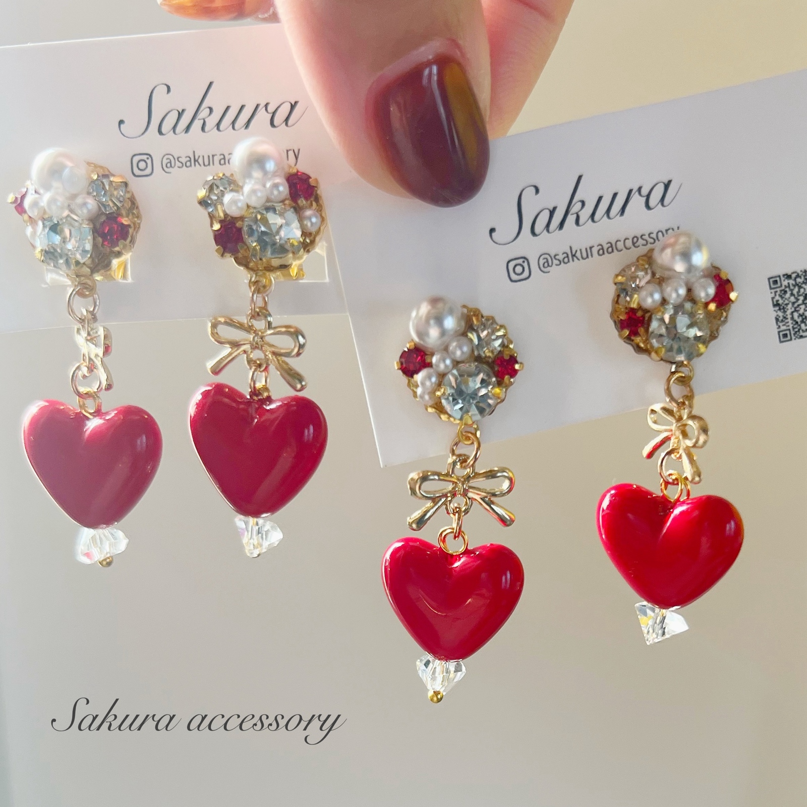 赤ハート ビジュー ピアス イヤリング リボン - Sakura | minne byGMO 