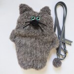 【グレー焦茶】もじゃ猫ポケット付きスマホショルダー