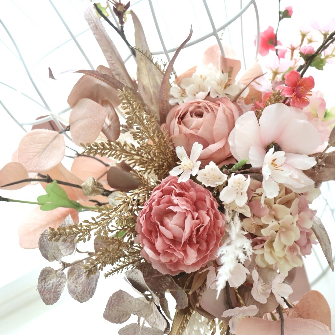 ウェディングブーケ＊桜色とゴールドで彩る華やかドライ風フラワー