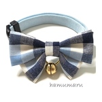 人気首輪｜ふんわりチェック柄蝶々リボンの首輪 水色