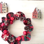 『タータンチェックリボンのクリスマスリース・スノー』25㎝