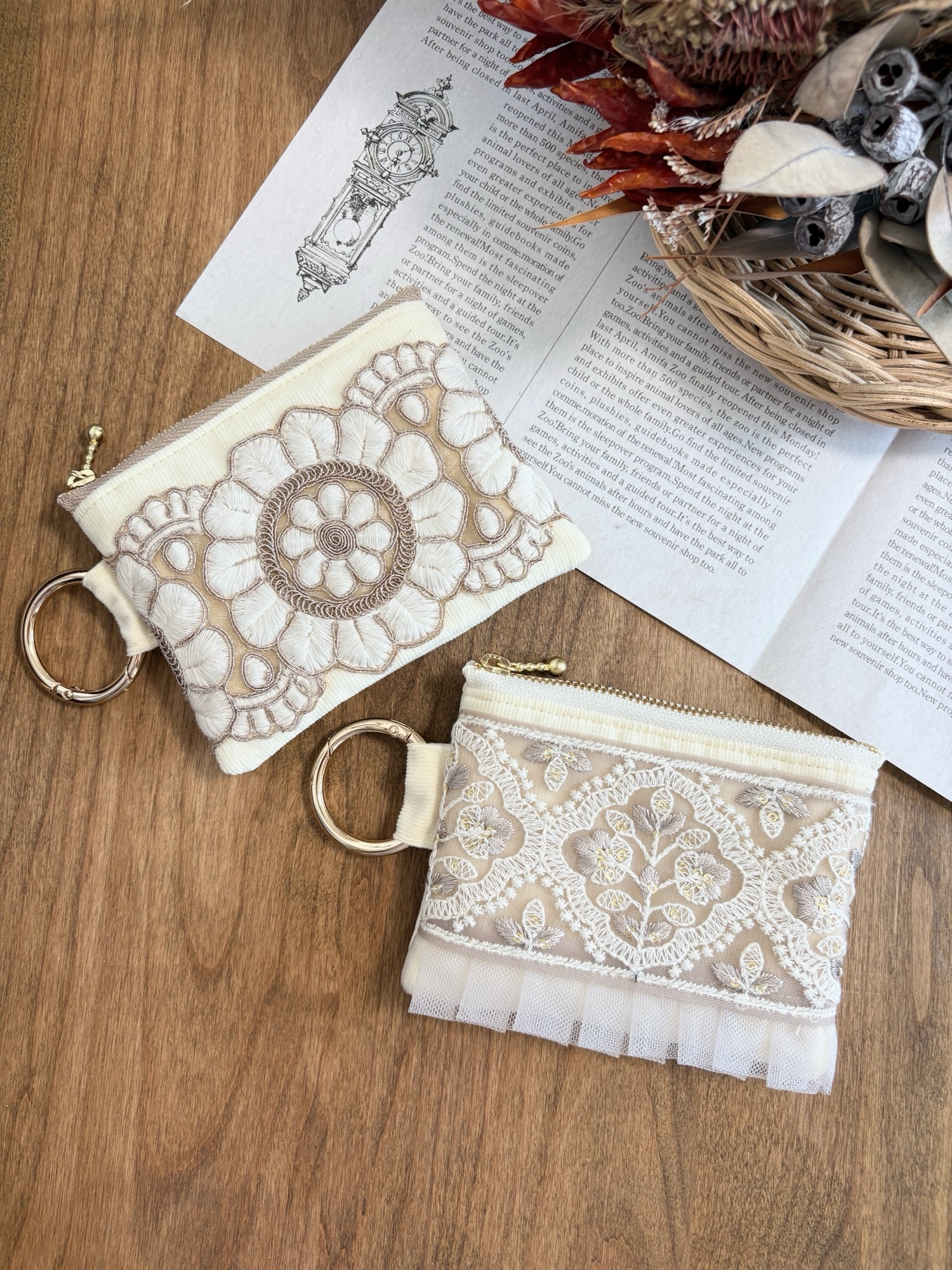 インド刺繍リボン と ヌビ のポーチ Mサイズ ベージュb - ricco-n