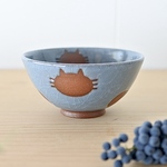お茶碗中サイズ（青）ねこ水玉【受注制作】