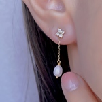 【3way】アレンジ自由自在◆CZ ダイヤ 四つ葉 フラワー ピアス+ 淡水パール チャーム set♡つけっぱなし！OK 金属アレルギー対応　316L サージカルステンレス