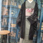 秋冬 袖裾スカラップレース長羽織 黒 着丈100 裄69