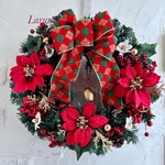 赤のポインセチアの特大クリスマスリース　アーティフィシャルフラワー使用　特大40㎝　金のカウベルはオプションで