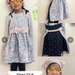 【kao*様オーダー品】ギャザーエプロン　花柄とリボン　青の2点セット