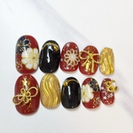 ネイルチップ　オーダー　成人式　振袖　振り袖　卒業式　お正月　赤　黒　花　フラワー　和柄　