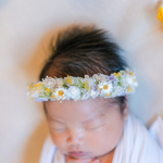 ベビーヘアバンド ニューボーンフォト　お宮参り お食い初め 100日 ハーフバースデー イエロー　　黄色　緑　ミモザ　ベビー袴 ドライフラワー 紫陽花　花冠　花かんむり　退院着