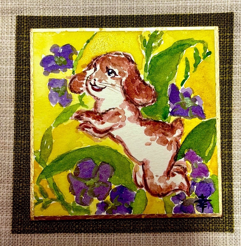 豆色紙水彩画イラスト。額に入っています。紐がついているので、すぐに飾ることがてきます。