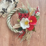 No.10 い草　紅白椿のしめ縄リース　お正月飾り　玄関リースハンドメイド2026