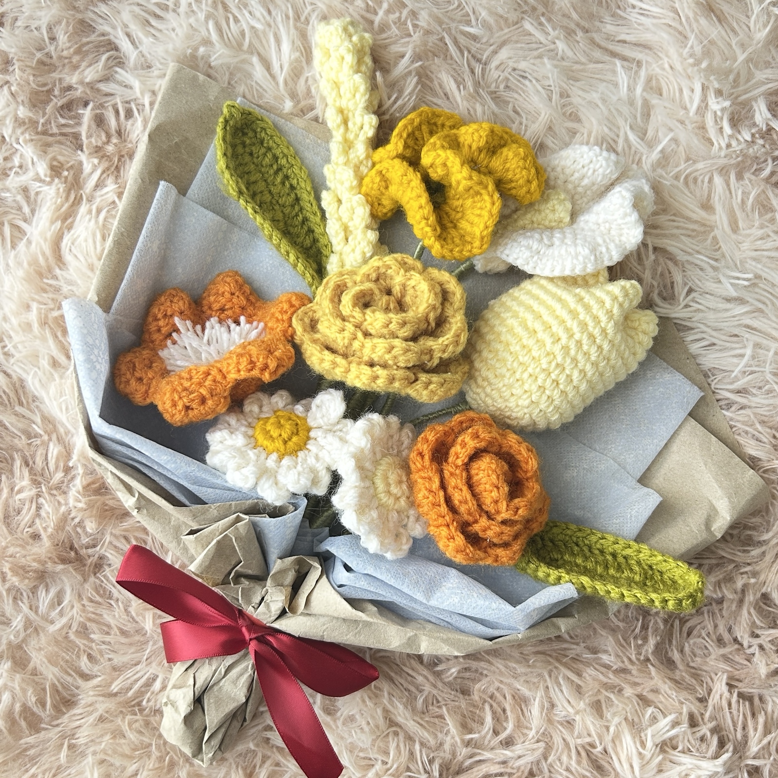 かぎ針編み　毛糸の花束/小さな枯れないブーケ/ハンドメイド 枯れない花束 毛糸の花束 フラワーブーケ ハンドメイド - amimono-k