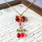 【ドレスアップチェリー🍒】レッドリボンとさくらんぼがかわいい 赤薔薇ドライフラワー ホログラム 押し花 シルバー ネックレス