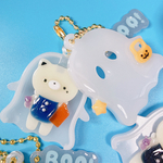 【 ネイビー×オバケシーツ𝚒𝚗エンジェルねこちゃん】　レジン　ハンドメイド　パカパカキーホルダー　蓄光パウダー