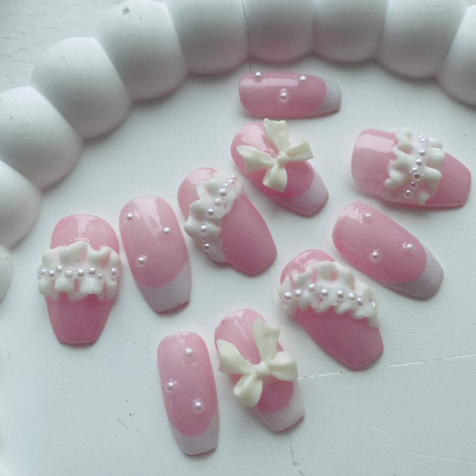 5058 ジェルネイルチップ量産型 ワンホン 韓国 グレージュリボン フリル