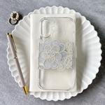 全機種対応　シルバーのお花のスマホケース　インド刺繍リボン　インド刺繍　ケース　スマホケース　クリア　１点もの　ゴールド　お花　おしゃれ　ギフト　プレゼント　シルバー