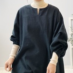 ひよりワンピース。綿麻。千鳥格子ブルー。身幅・袖幅たっぷりで着やすいタイプ。【即納】