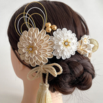 気品あふれる シャンパンゴールド×ホワイト 成人式 七五三 結婚式 髪飾り 正絹つまみ細工｜和装 着物 前撮り 和玉 ドライフラワー 水引 ナチュラルカラー