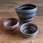 酒器セット（片口＋ぐい吞み2個）　黒泥土片口　焼締　和陶器　陶器　晩酌　長寿祝い