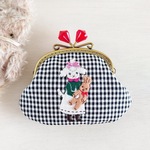 ふわふわわんことぬいぐるみ・がま口ポーチ（プードル・ギンガムチェック・リネン・アップリケ・刺繍・小物入れ・化粧ポーチ）