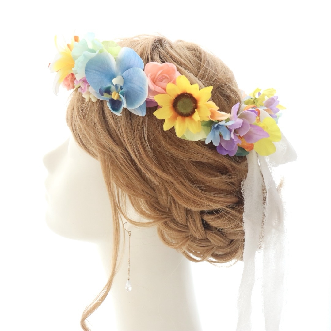 花冠　花かんむり　髪飾り　ヘッドドレス　カラフル　レインボー　プルメリア　胡蝶蘭　ひまわり　リゾート婚　海外ウェディング