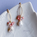 【新作】淡水パールとフープ　天然石のピアス/イヤリング　| ノンホールピアス　揺れる　ポストピアス　秋　ゴールドカラー　ピンク　ホワイト