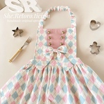 new ♪クラシカルガーリーな制服風こどもエプロン＆三角巾♪  アーガイルチェック・アイボリーピンク【90cmから150cmまでサイズ選択できます】