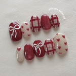 Bordeaux ribbonnn ❤️【ボルドー チェック リボンネイルチップ ハート ぷっくり 大人可愛い 秋冬 クリスマス　年末年始 お正月 バレンタイン くすみカラー ガーリーネイル】