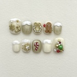 【オーダー】ニュアンスネイルチップ　クリスマス　ゴールド　アイボリー　キラキラ キャンディケーン　ジンジャーブレッドマン