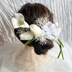 チューリップ×カラーリリー×リボン×プリザーブドフラワー髪飾りホワイトセット//成人式　卒業式　結婚式　前撮り　和装　着物　振袖　袴　ヘアアクセ　ウエディング　小物