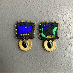 メキシコのコラソンハート　刺繍の耳飾りC  blue/green/yellow/black  エスニック　民族　青　緑　黄　黒　キリスト　マリア　イエス　