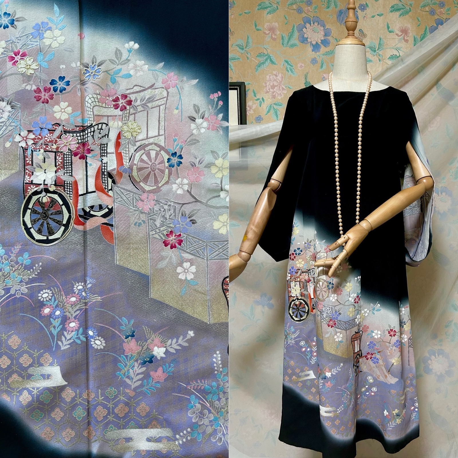 着物リメイク 総絞り 藤色 ケープスリーブドレス ハンドメイド