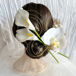 カラーリリーと胡蝶蘭ホワイト金箔髪飾りセット//リリィ　成人式　卒業式　結婚式　前撮り　髪飾り　和装　着物　振袖　袴　ヘアアレンジ　ヘアアクセ　水引　ウエディング　金箔ヘア　和装小物　白無垢