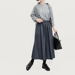 ●10周年SALE●岡山デニム 毎日を上質に心地よく 色落ちしない濃紺 ギャザー ロングスカート ●IRIS-SK●