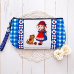 横長ポーチ(女の子と猫)ブルー