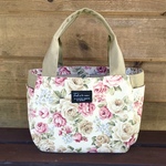 サイドポケット付き、ころりんトートバッグ【綿麻ロココ調🌹ローズホワイト】大きめマチあり• たっぷり収納