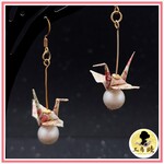 【折り鶴ピアス】手作り♡ピンク小花とコットンパール♡OR026