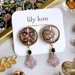 トルコタイルデザイン　ピアス　イヤリング　スモーキー　グレー　パープル　フラワー　クラシカル