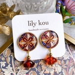 トルコタイルデザイン　ピアス　イヤリング　アンティークパープル　べっ甲　ブラウン