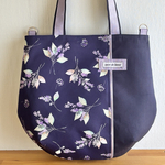 ダーツトートバッグ＊パープルネイビー×ネイビー＊リーフフラワー柄＊トートバッグ＊ショルダー対応＊ふっくら仕上げ