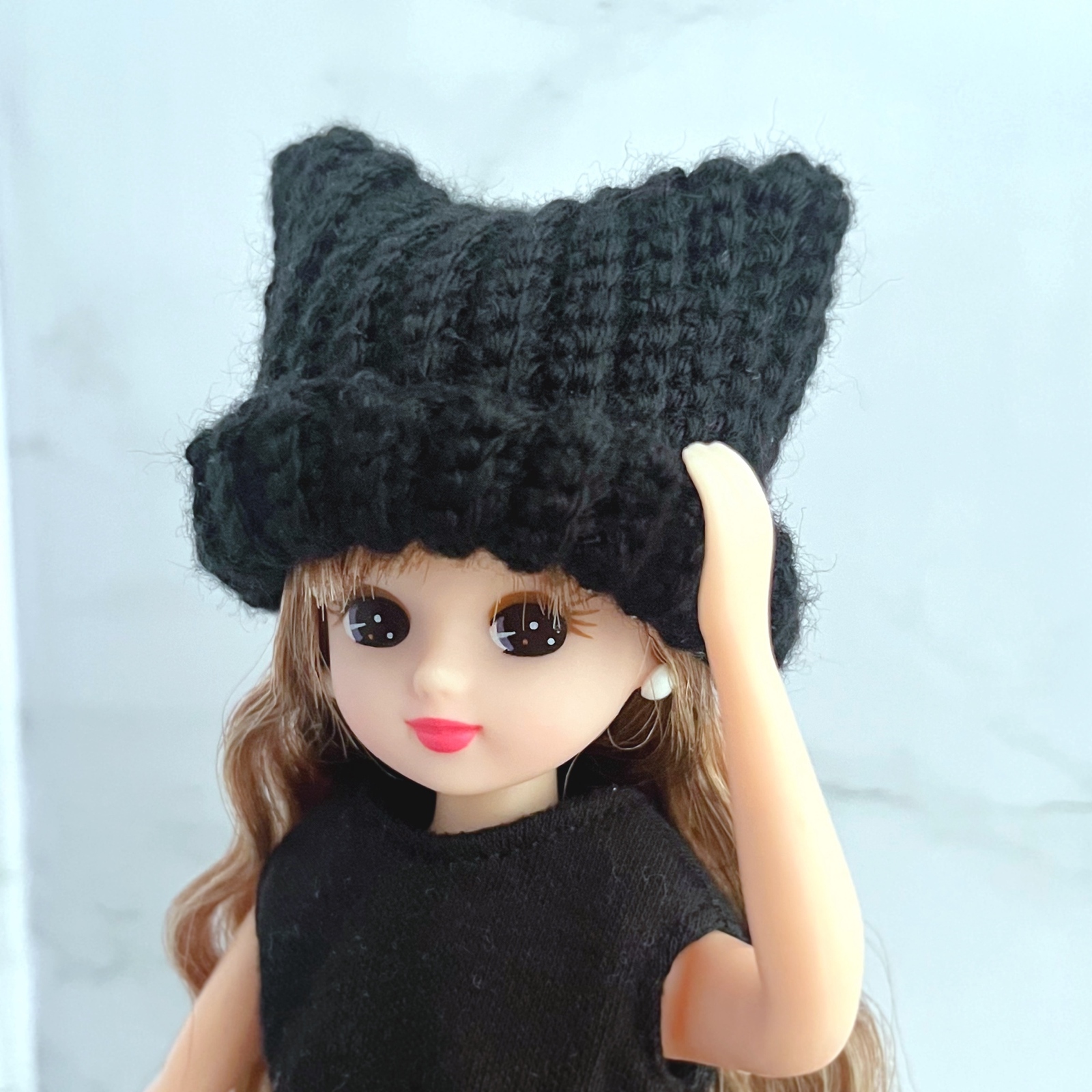 リカちゃん 帽子 1/6ドール 猫耳ニット帽 黒 ブラック リブ編み