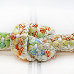 小桜組「おはじき」 生成り＋（朱色・青色・黄緑・オレンジ・茶色など複数色）のグラデーション  ×  薄い黄緑＋生成り+銀糸