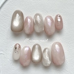 91  うるうる 桃 ネイルチップ｜ミルキー ピンクベージュ× 乳白色 ニュアンス マグネット 透明感 淡色 ぴんく