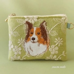 シェルティ刺繍ぺたんこミニポーチ