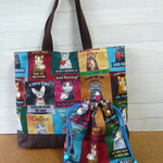 co様オーダー品：USA生地　コーヒー好きなネコ柄トートバッグ（巾着付き）