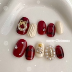 Christmas🎄🎅✨　クリスマスネイル　Xmas Xmasネイル　チェックネイル　ニットネイル　冬ネイル　冬　赤　ボルドー　ネイルチップ